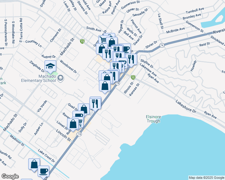 map of restaurants, bars, coffee shops, grocery stores, and more near Riverside Drive in Lake Elsinore