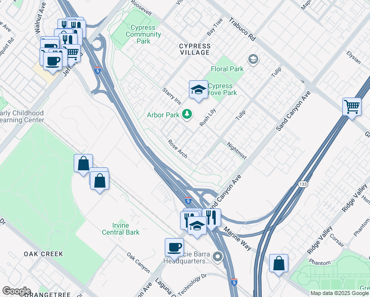 map of restaurants, bars, coffee shops, grocery stores, and more near 50 Twin Flower in Irvine