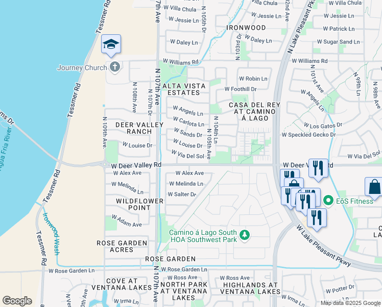 map of restaurants, bars, coffee shops, grocery stores, and more near 10542 West Via Del Sol in Peoria