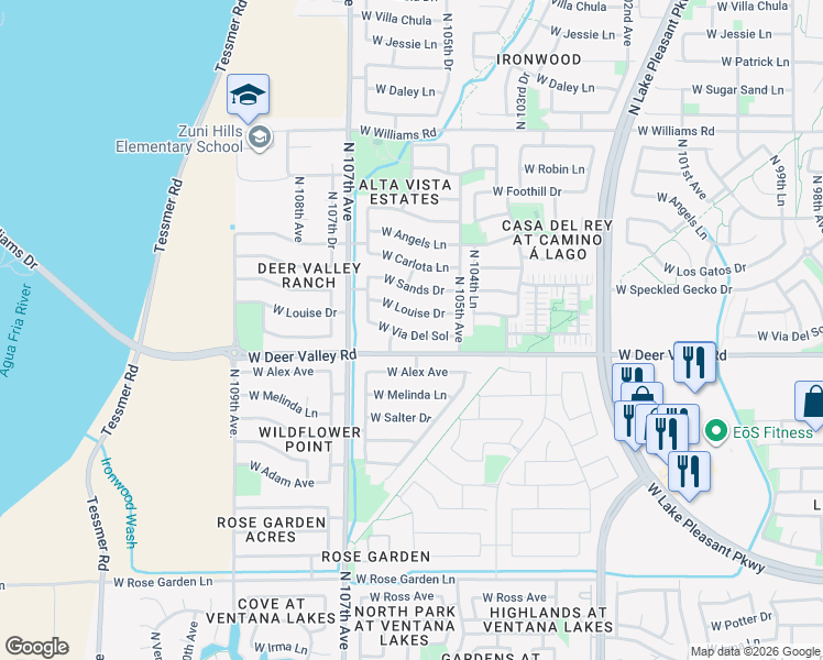 map of restaurants, bars, coffee shops, grocery stores, and more near 10542 West Via Del Sol in Peoria