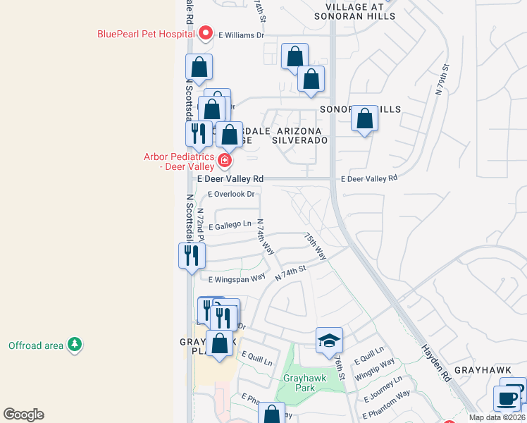 map of restaurants, bars, coffee shops, grocery stores, and more near 21615 North 74th Way in Scottsdale