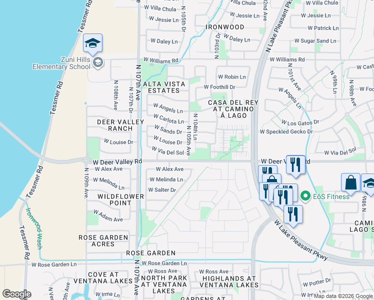 map of restaurants, bars, coffee shops, grocery stores, and more near 10510 West Via Del Sol in Peoria