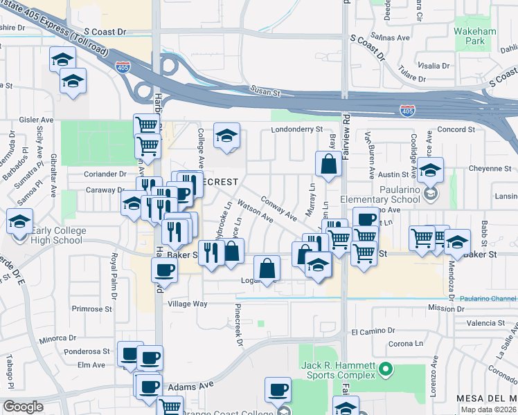 map of restaurants, bars, coffee shops, grocery stores, and more near 1318 Watson Avenue in Costa Mesa