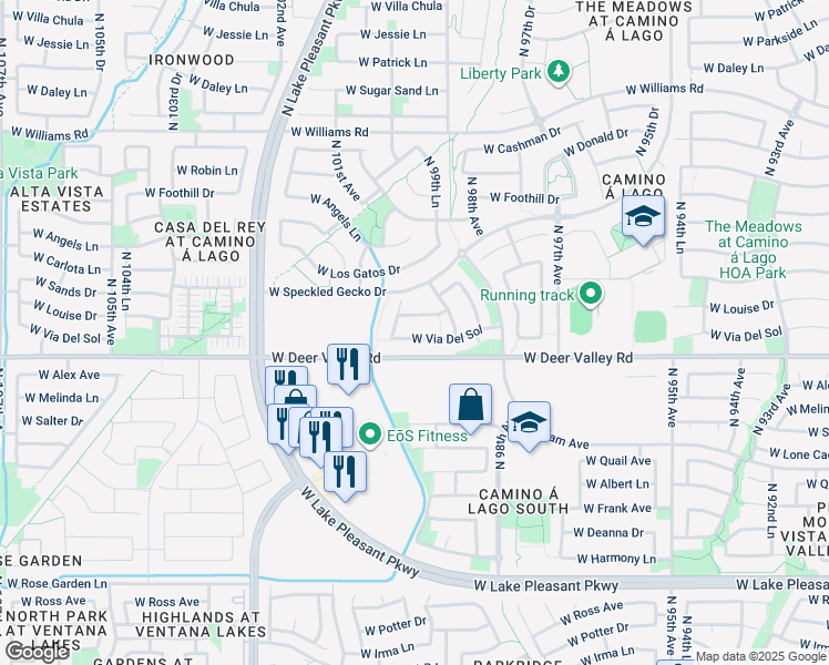 map of restaurants, bars, coffee shops, grocery stores, and more near 9950 West Via Del Sol in Peoria
