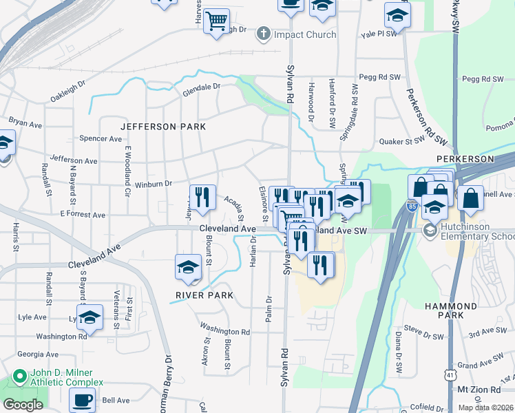 map of restaurants, bars, coffee shops, grocery stores, and more near 2655 Elsinore St in East Point