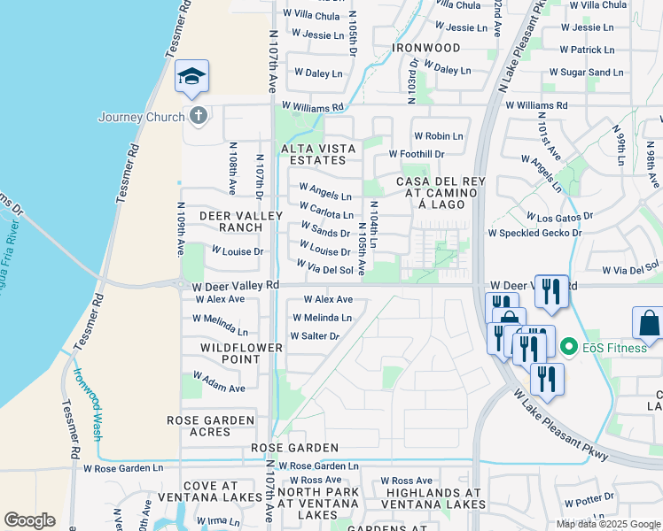 map of restaurants, bars, coffee shops, grocery stores, and more near 10542 W Vía Del Sol in Peoria