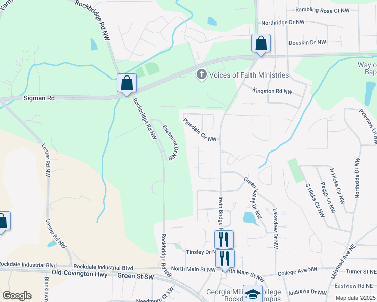 map of restaurants, bars, coffee shops, grocery stores, and more near 1232 Creek Forest Court Northwest in Conyers