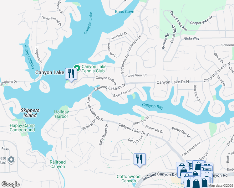 map of restaurants, bars, coffee shops, grocery stores, and more near 22620 Blue Teal Drive in Canyon Lake