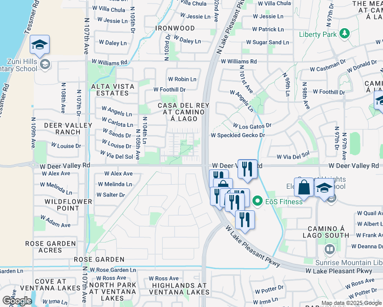 map of restaurants, bars, coffee shops, grocery stores, and more near 21024 North 102nd Lane in Peoria