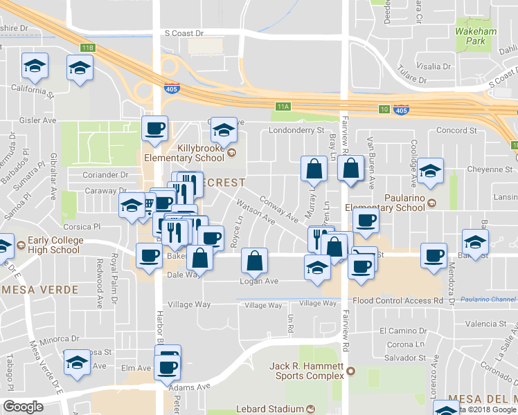 map of restaurants, bars, coffee shops, grocery stores, and more near 1318 Watson Avenue in Costa Mesa