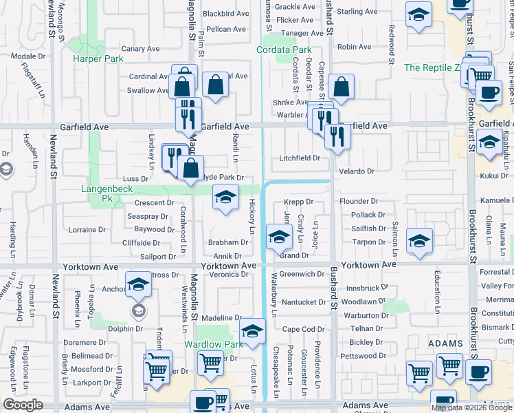map of restaurants, bars, coffee shops, grocery stores, and more near 19282 Hickory Lane in Huntington Beach