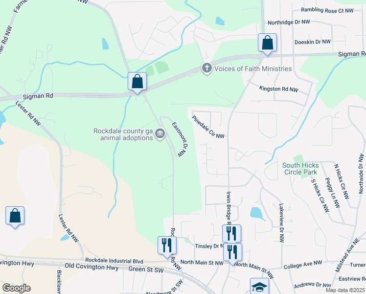 map of restaurants, bars, coffee shops, grocery stores, and more near 1426 Eastmont Drive Northwest in Conyers