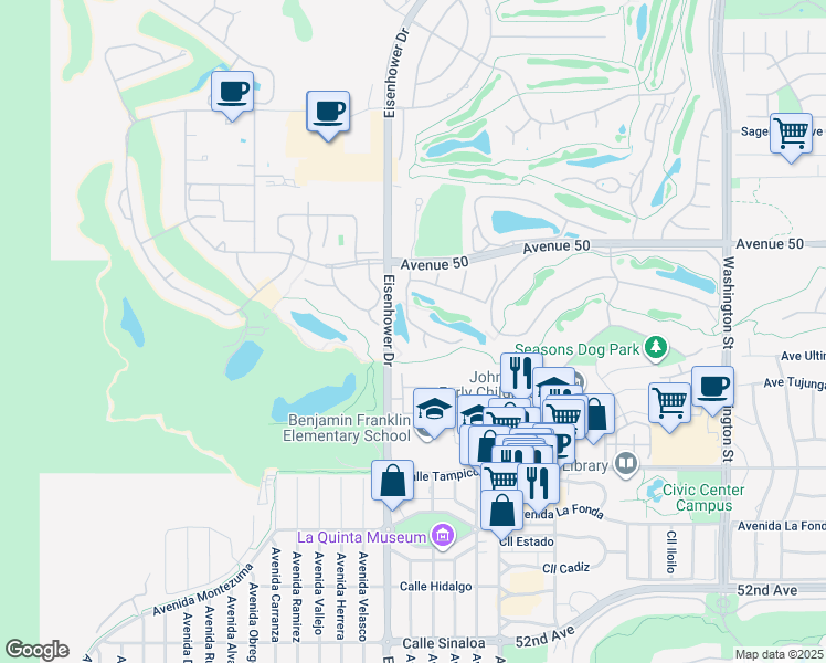 map of restaurants, bars, coffee shops, grocery stores, and more near 50275 Valencia Court in La Quinta