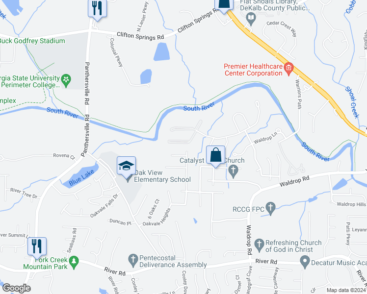 map of restaurants, bars, coffee shops, grocery stores, and more near 7104 Waldrop Place in Decatur