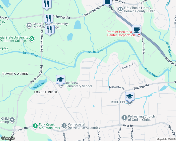 map of restaurants, bars, coffee shops, grocery stores, and more near 7304 Waldrop Place in Decatur