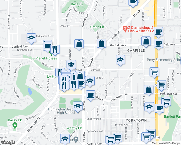 map of restaurants, bars, coffee shops, grocery stores, and more near 7302 Yellowtail Drive in Huntington Beach