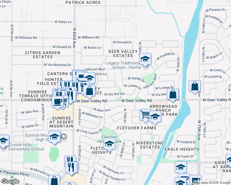 map of restaurants, bars, coffee shops, grocery stores, and more near 8044 West Vía Del Sol in Peoria