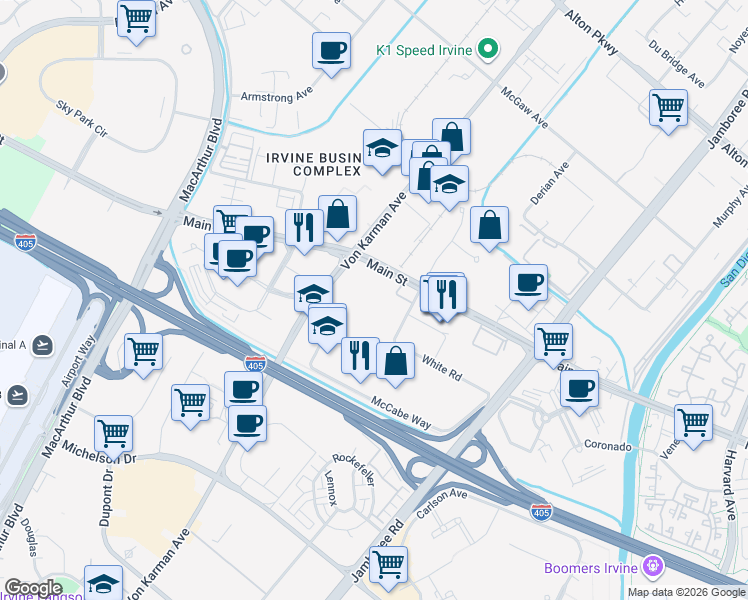 map of restaurants, bars, coffee shops, grocery stores, and more near 2350 Main Street in Irvine