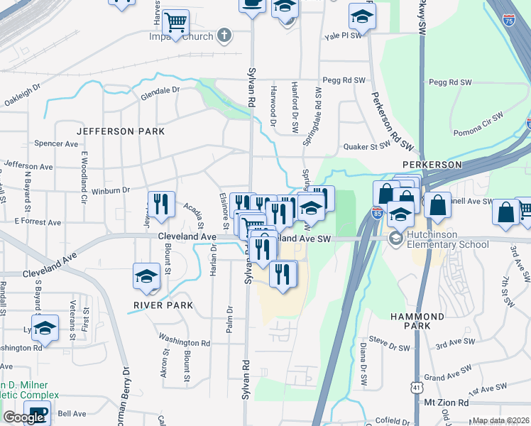 map of restaurants, bars, coffee shops, grocery stores, and more near 856 Glenway Drive Southwest in East Point