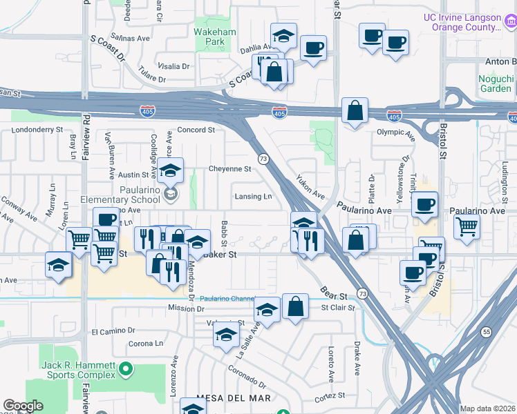 map of restaurants, bars, coffee shops, grocery stores, and more near 960 Paularino Avenue in Costa Mesa