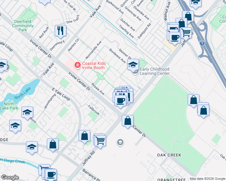 map of restaurants, bars, coffee shops, grocery stores, and more near 15402 Verdun Circle in Irvine