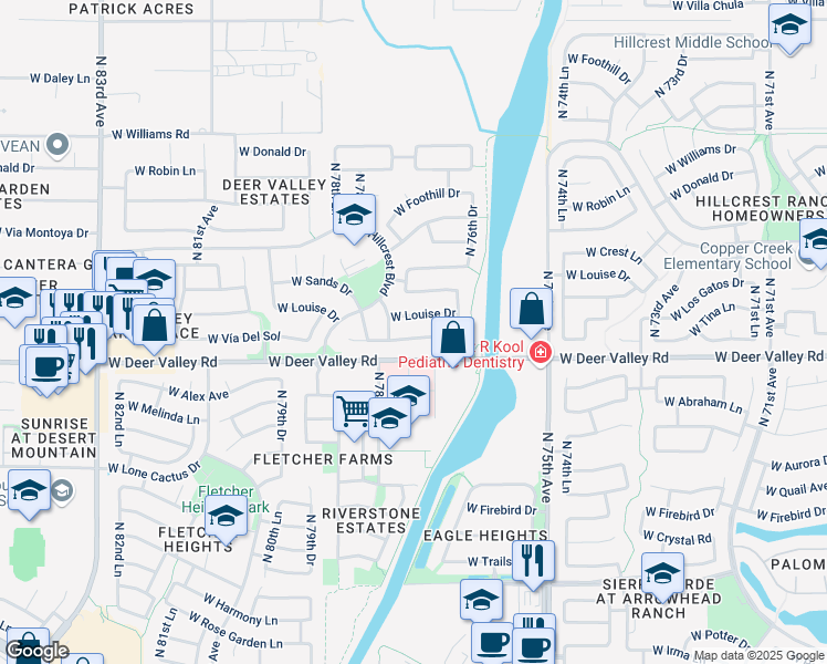 map of restaurants, bars, coffee shops, grocery stores, and more near 7726 West Vía Del Sol in Peoria