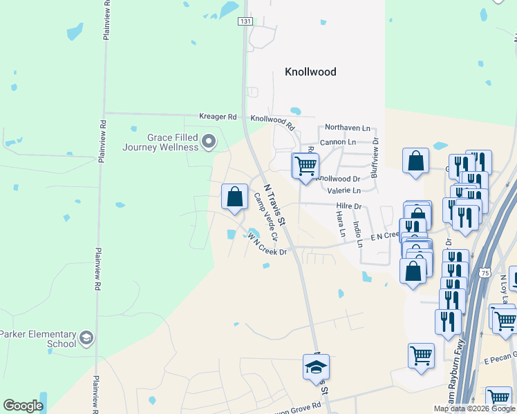 map of restaurants, bars, coffee shops, grocery stores, and more near 4718 Camp Verde Circle in Sherman