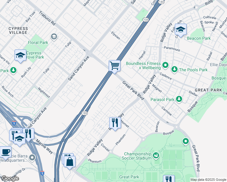 map of restaurants, bars, coffee shops, grocery stores, and more near 114 Full Sun in Irvine