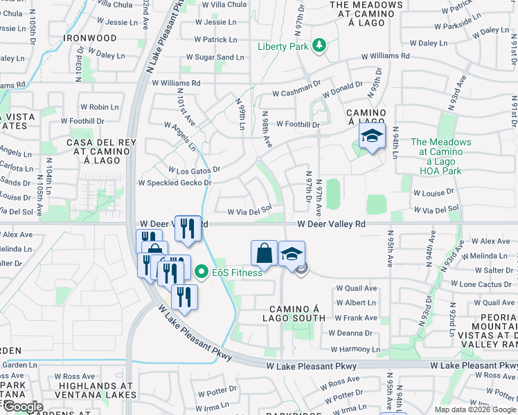 map of restaurants, bars, coffee shops, grocery stores, and more near 21921 North 98th Lane in Peoria