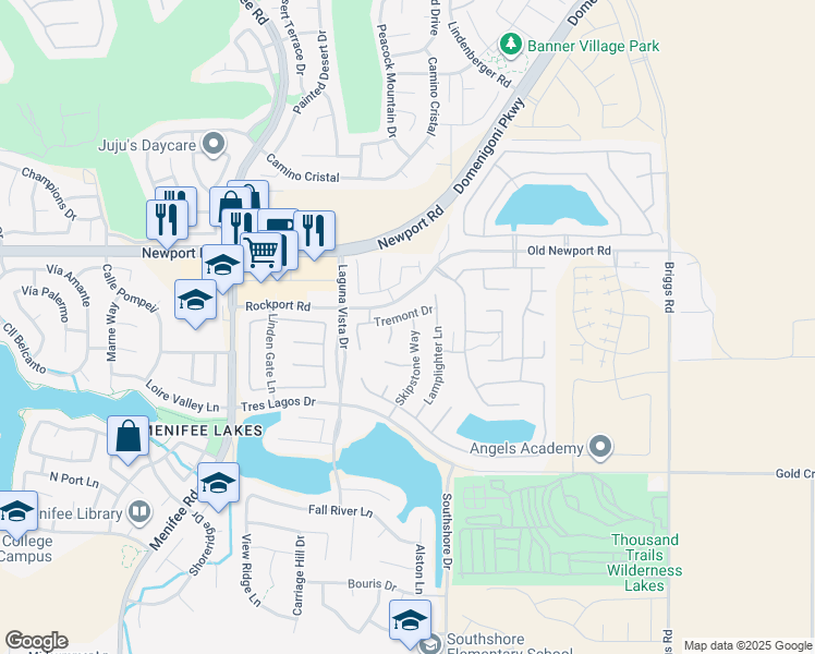 map of restaurants, bars, coffee shops, grocery stores, and more near 30157 Skipstone Way in Menifee