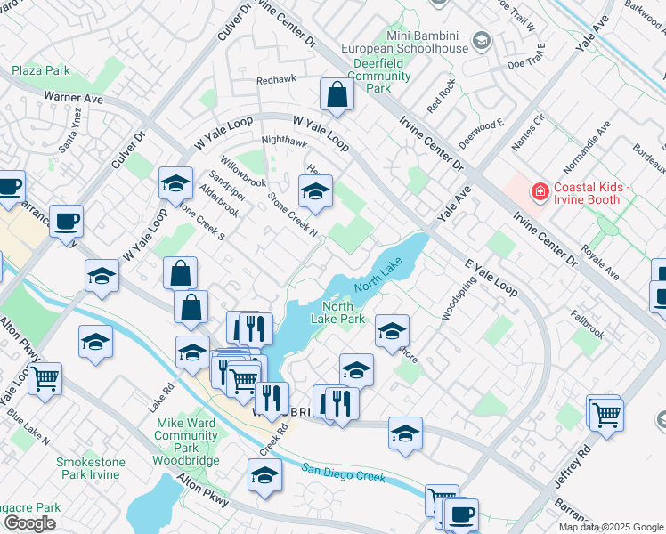 map of restaurants, bars, coffee shops, grocery stores, and more near 57 Lakeview in Irvine