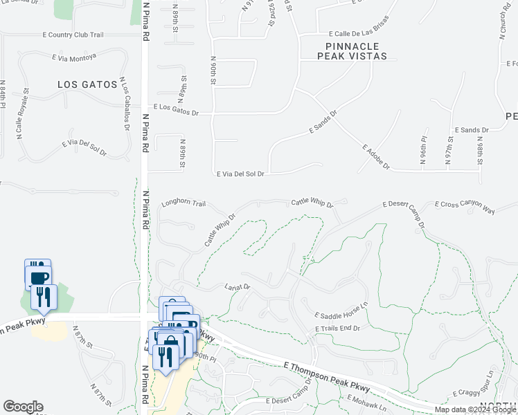 map of restaurants, bars, coffee shops, grocery stores, and more near Cattle Whip Drive in Scottsdale