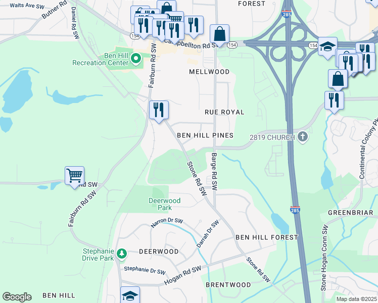 map of restaurants, bars, coffee shops, grocery stores, and more near 3651 Hampshire Park Way in Atlanta