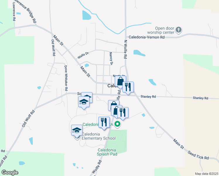 map of restaurants, bars, coffee shops, grocery stores, and more near 65 Cedar Street in Caledonia