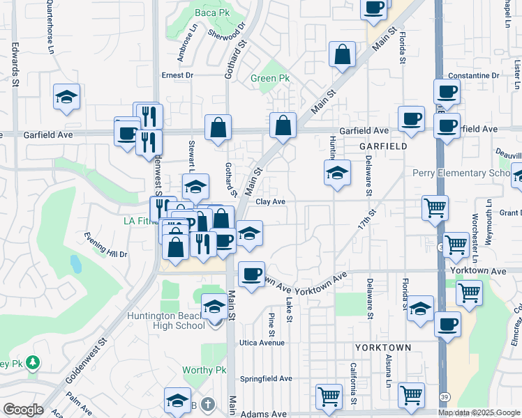map of restaurants, bars, coffee shops, grocery stores, and more near 7322 Yellowtail Drive in Huntington Beach