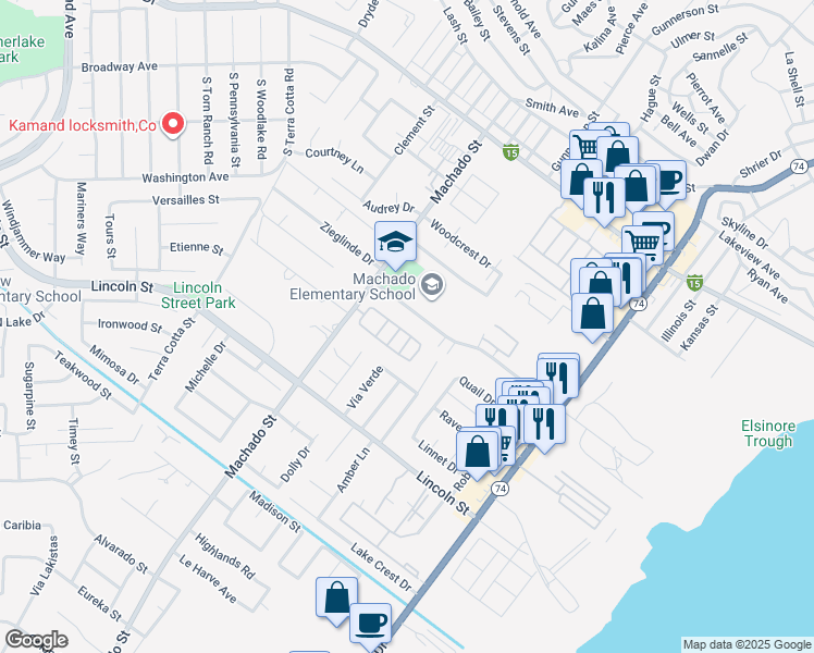 map of restaurants, bars, coffee shops, grocery stores, and more near 31750 Machado Street in Lake Elsinore