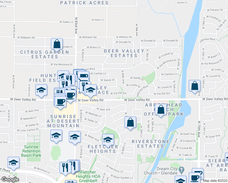 map of restaurants, bars, coffee shops, grocery stores, and more near 8044 West Vía Del Sol in Peoria