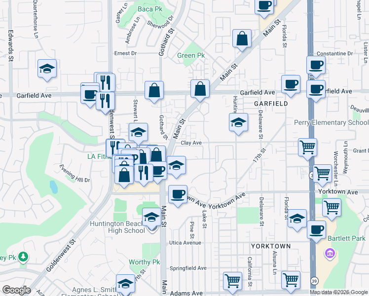 map of restaurants, bars, coffee shops, grocery stores, and more near 7322 Yellowtail Drive in Huntington Beach