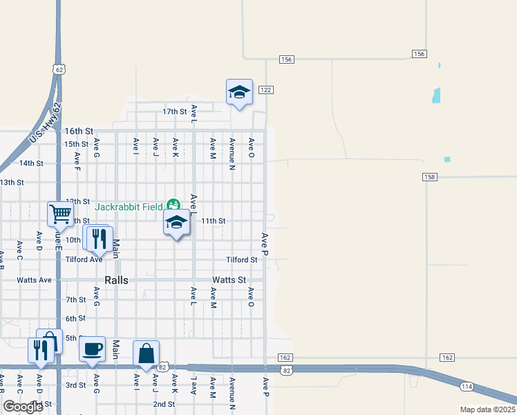 map of restaurants, bars, coffee shops, grocery stores, and more near 1111 Avenue O in Ralls
