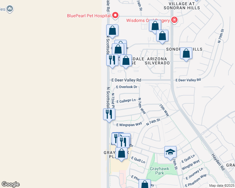 map of restaurants, bars, coffee shops, grocery stores, and more near 21570 North 72nd Way in Scottsdale