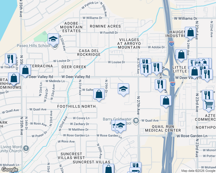 map of restaurants, bars, coffee shops, grocery stores, and more near 21615 North 29th Drive in Phoenix