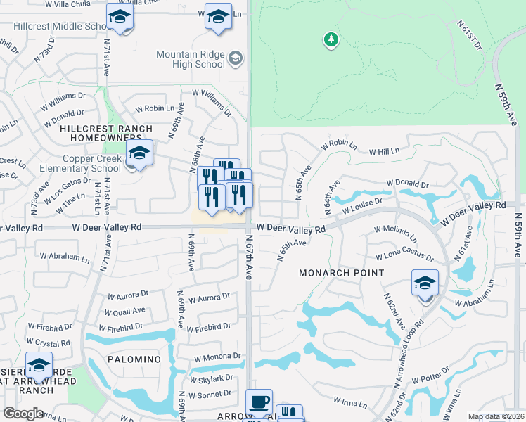 map of restaurants, bars, coffee shops, grocery stores, and more near 6618 West Via Del Sol Drive in Glendale