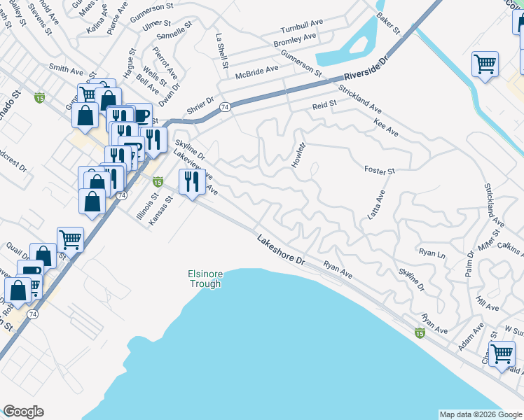 map of restaurants, bars, coffee shops, grocery stores, and more near in Lake Elsinore
