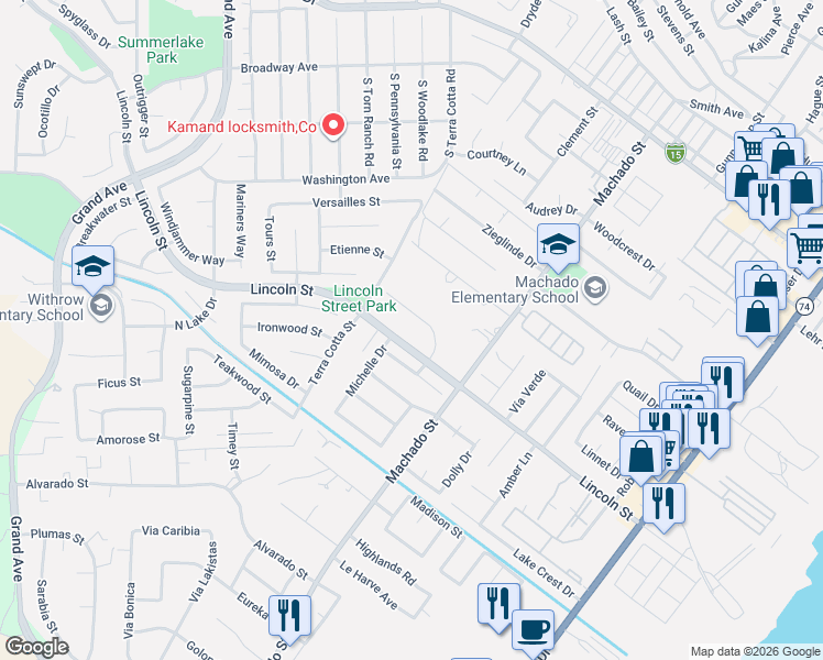 map of restaurants, bars, coffee shops, grocery stores, and more near 31883 Saint Pierre Lane in Lake Elsinore