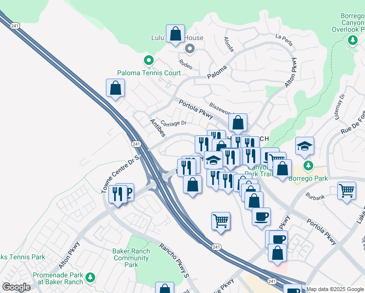 map of restaurants, bars, coffee shops, grocery stores, and more near 26322 Towne Centre Drive in Lake Forest
