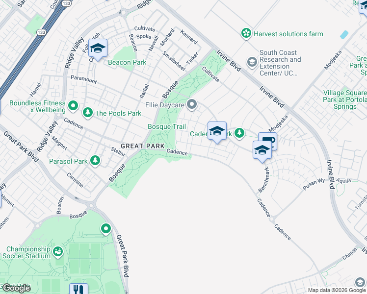 map of restaurants, bars, coffee shops, grocery stores, and more near 7770 Cadence in Irvine