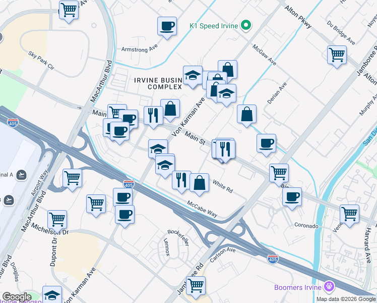 map of restaurants, bars, coffee shops, grocery stores, and more near 2350 Main Street in Irvine