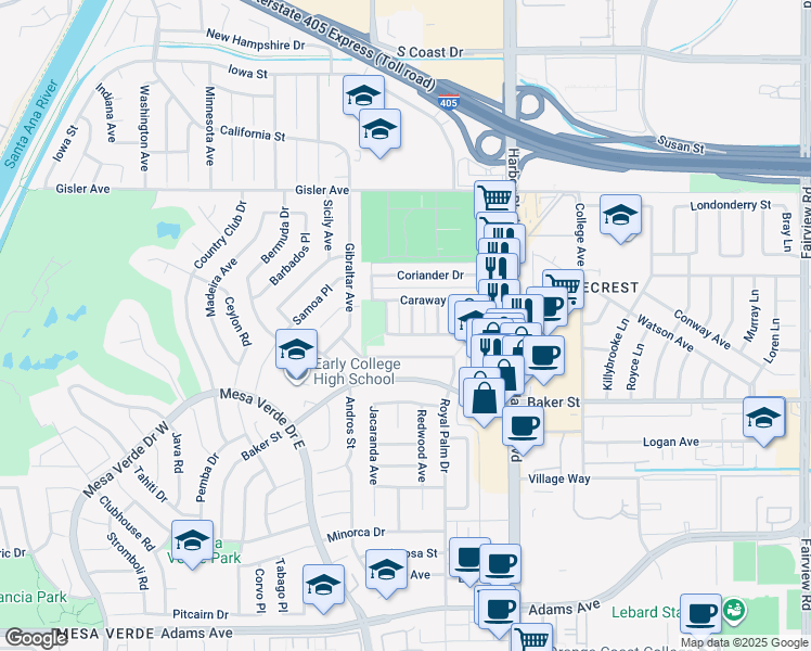 map of restaurants, bars, coffee shops, grocery stores, and more near 3094 Coral Avenue in Costa Mesa