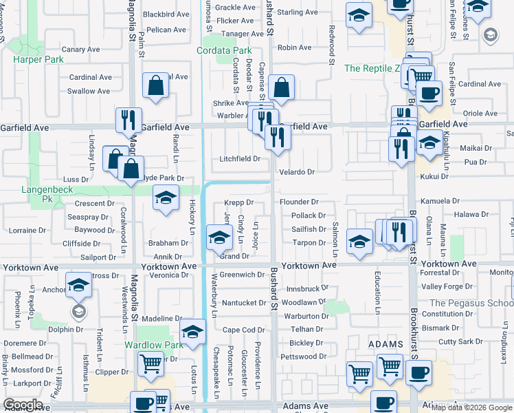 map of restaurants, bars, coffee shops, grocery stores, and more near 19292 Steven Lane in Huntington Beach