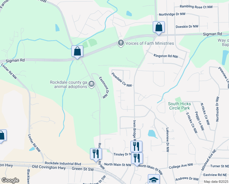 map of restaurants, bars, coffee shops, grocery stores, and more near 1206 Creek Forest Court Northwest in Conyers